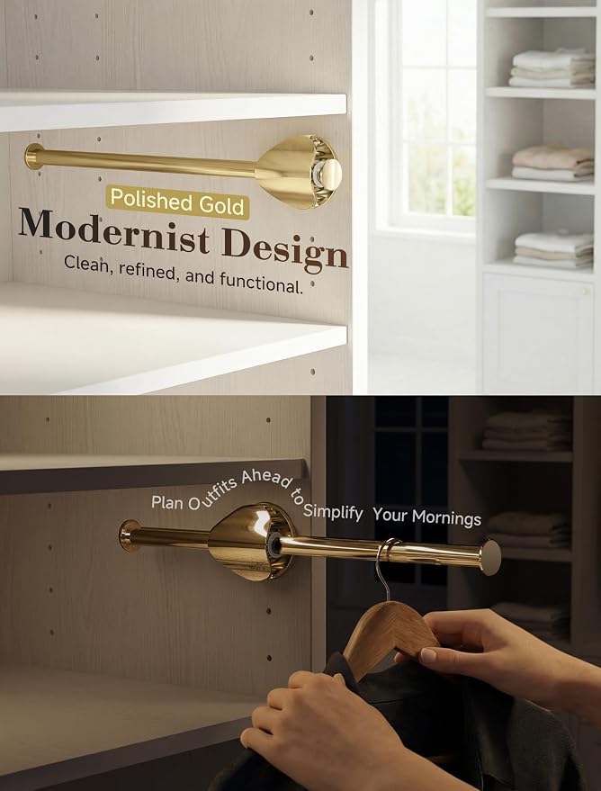 INMAKER Valet Rod for Closet Slide out | Pull out to 9.5" Hanger Rod for ≥12" Deep Closet, Polished Gold, 2 Pack