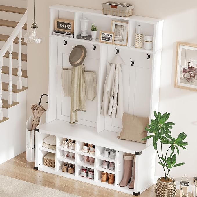 Garvee Farmhouse Entryway Hall Tree with Bench, Shoe Storage & Coat Rack | Large 5-in-1 Mudroom Storage w/ 6 Tri-Hooks & Seating, 13 Cubbies & Adjustable Shelf, Metal Corner Protctor, White