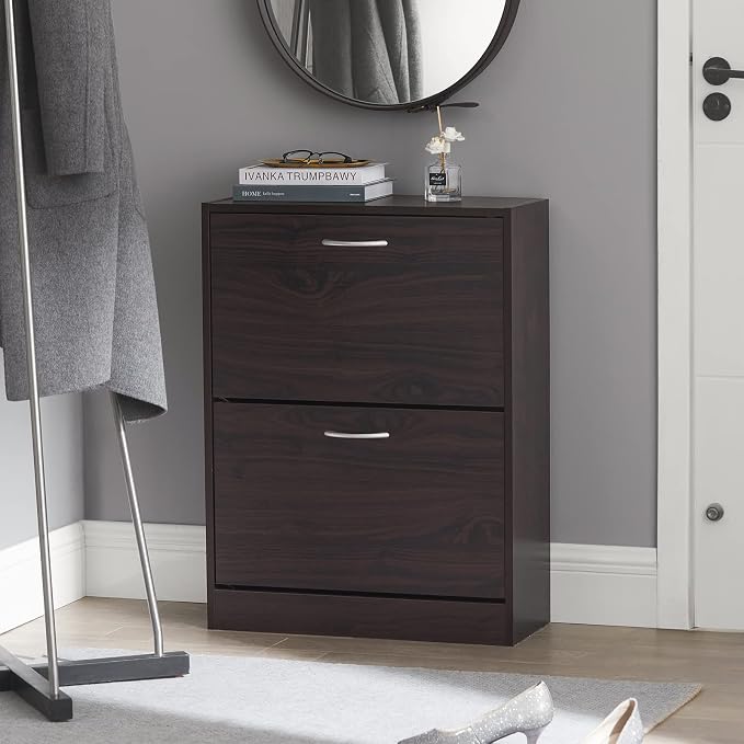 Haotian Narrow Shoe Cabinet for Entryway | Slim Freestanding Shoe Rack with 2 Flip-Drawers, Hidden Storage Shoe Organizer Hallyway Mudroom, Brown, FSR110-K-BR