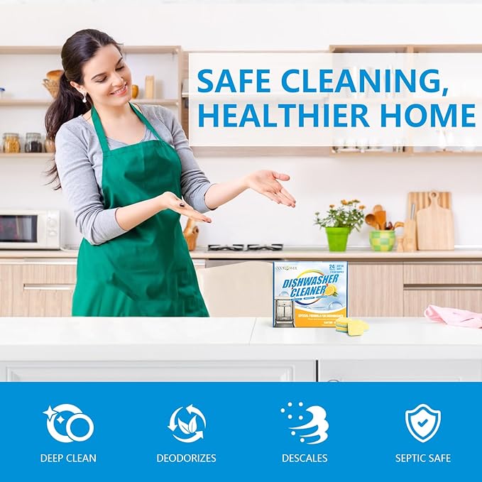 24-count Dishwasher Cleaner Tablets with Coral Fleece Cleaning Cloth, Deep Cleaning and Descaling Formula, Removes Odors and Hard Water Residue, Maintains Dishwashers(Lemon Scent)