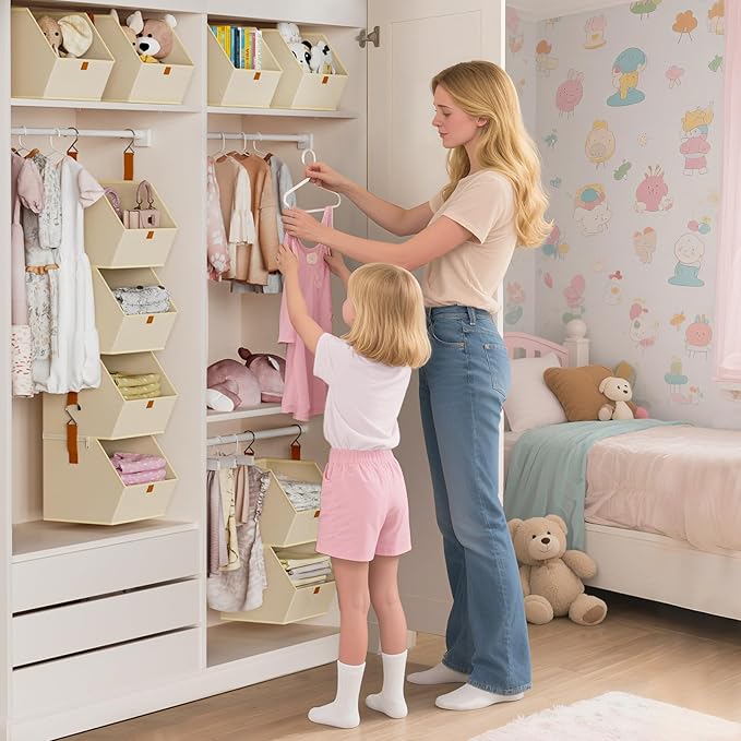 Homsorout Hanging Closet Organizer 4 Tier - Clothes Hanging Shelves, Space-Saving Closet System, Fabric Storage Bins Bedroom Organization, Collapsible Baskets for Home, Dorm, Rv, Beige
