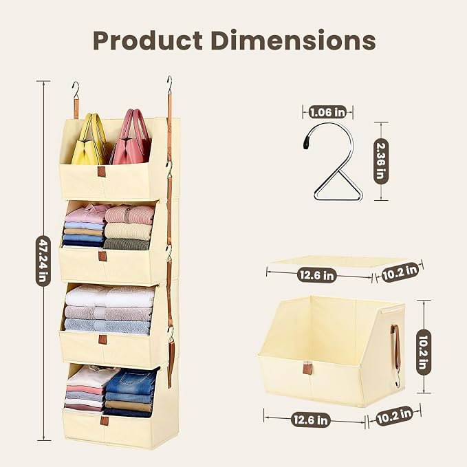 4-Tier Modular Sturdy Hanging Closet Organizer, Heavy-Duty Detachable Clothes Hanging Shelves with Reinforced Zippers and 8 Durable Hooks, Hanging Camper Organizer for Bedroom, RV, Nursery