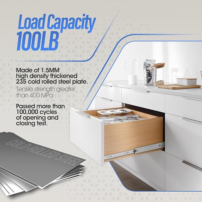 10 Pair Full Extension Ball Bearing Drawer Slides 8 10 12 14 16 18 20 22 24 Inch 100 LB Load Capacity Side Mount File Cabinet Rails Dresser Metal Runner Trash Can Kitchen (24 inch, Silver)