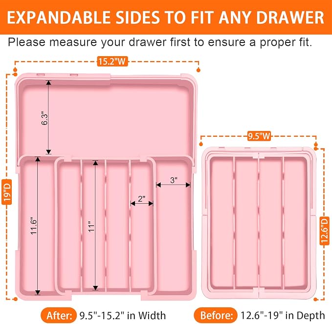 Spaclear Silverware Organizer - Expandable Silverware Drawer Organizer, Adjustable Drawer Organizer, Silverware Tray for Drawer 15.2"x 19" Utensil Drawer Organizer, Kitchen Organizers Storage, Pink