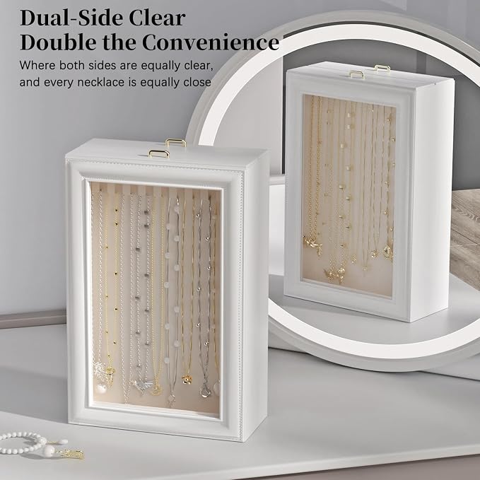 2-Layer Necklace Organizer Box with Double-Sided Clear Lid, White | Jewelry Storage Case, Anti-Tangle Necklaces Display Holder for Pendants Bracelets, Jewelry Organizer for Women Girls