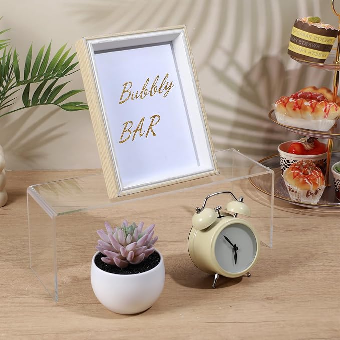 4 Pack Large Acrylic Risers – Clear Display Shelf Organizer for Kitchen, Countertop, Spices, Perfume, Cupcakes (12.4” x 4” x 4.6”) – Non-Slip & Durable