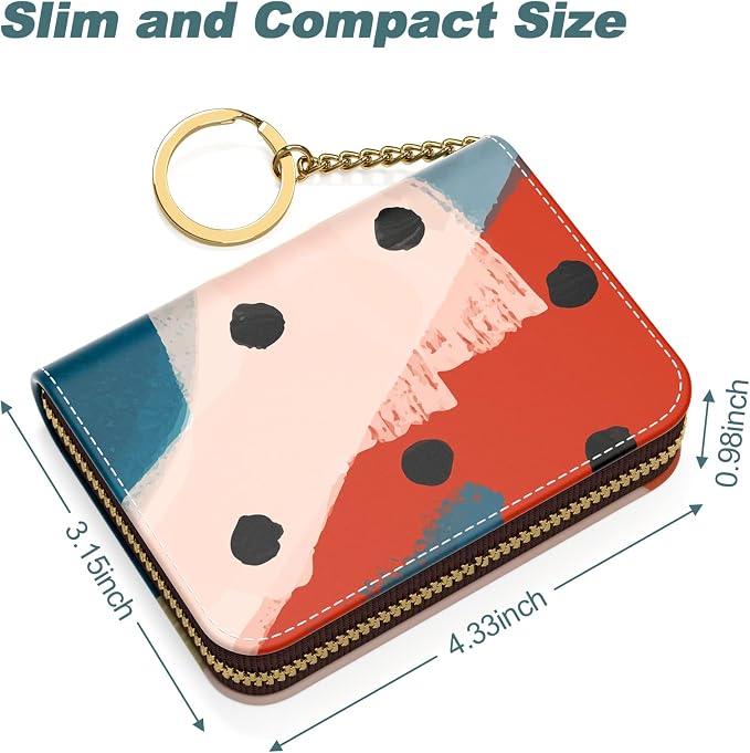 Nipichsha Credit Card Holder, Small RFID Card Wallet for Women, Slim Leather Card Holder Wallet, Credit Card Wallet Organizer, Pocket Business Card Case with Zipper & Keychain, Morandi Art