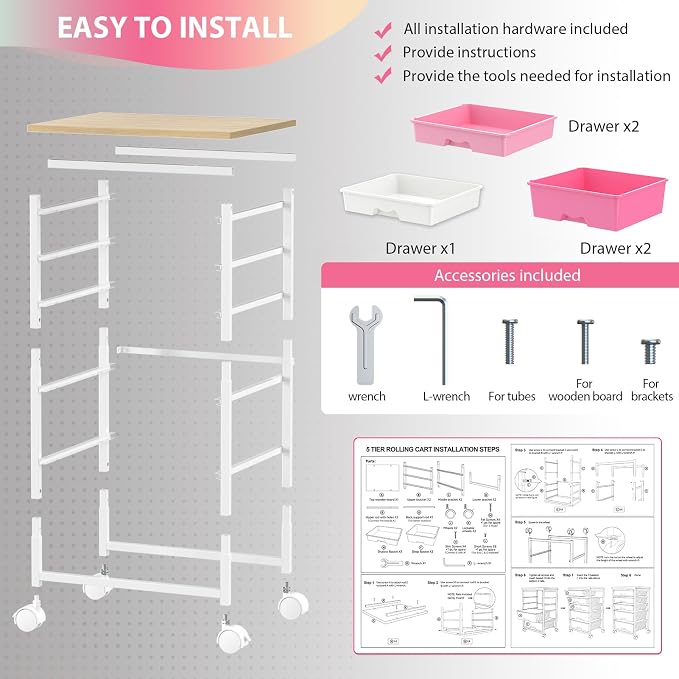 Goovilla Rolling Cart with Drawers, Utility Cart Organizer with 5 Removable Drawers and Wooden Tabletop, Lockable Rolling Storage Organizer for Art, Classroom, Home, Dorm, Office, Craft Storage, Pink