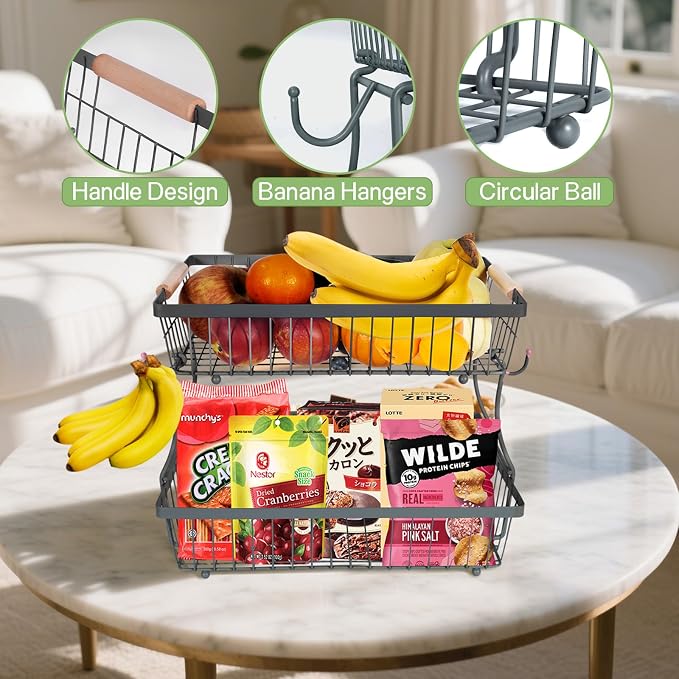Fruit Basket Bowl 2 Tier Detachable with 2 Banana Hangers, Fruit Stand Holder for Kitchen Countertop, Metal Wire Vegetable Storage Organizer, for Bread Snack Veggies Produce, gray
