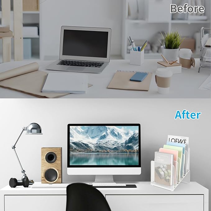 LEKETREE File Organizer for Desk, Desk Organizer with 5-Section Vertical File Rack, File Folder Organizer, Desk Accessories & Workspace Organizers(White)