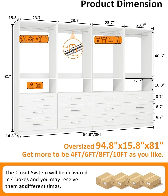 Closet System with Wooden Drawers, 8FT Closet Organize System with Drawers & Hanging Rods &for Walk in Closets, 4PCS*24" Freestanding Closet System, White(8FT)