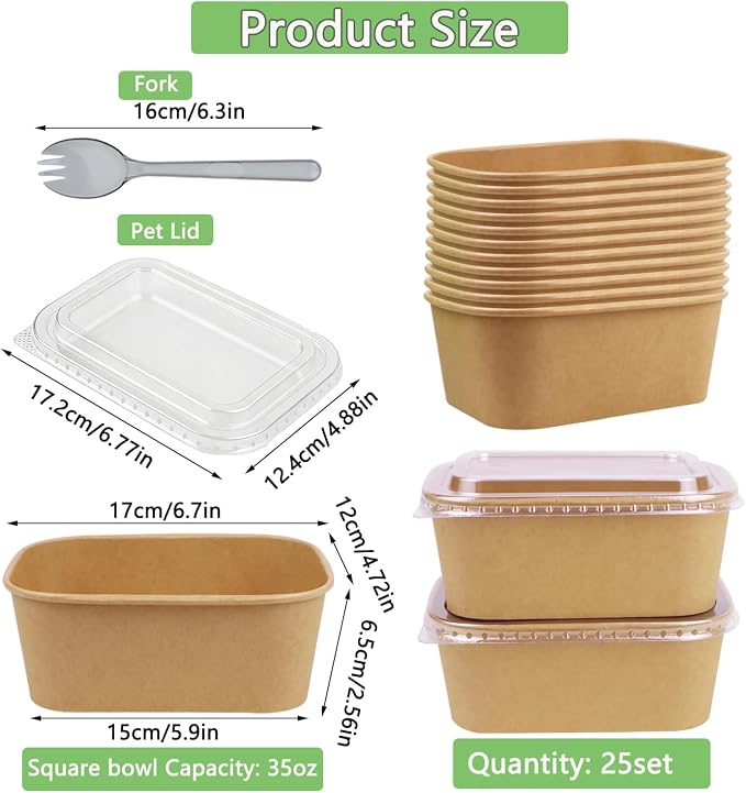 25 Pack 35oz Disposable Kraft Paper Bowls with Lids and Forks, Rectangular Meal Prep Containers, Microwave Safe for Hot/Cold Food