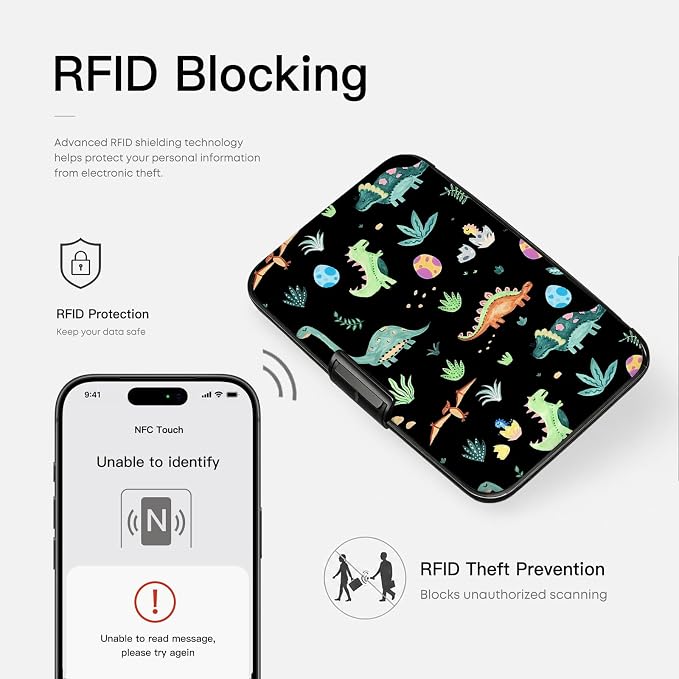 Credit Card Holder RFID Aluminum card case Dinosaurs mini Wallet Women Men | ABS Business ID Case,Hard Case Large Capacity 6 Slots, Waterproof Durable ，Secure Closure Slim Small Credit Card Protector