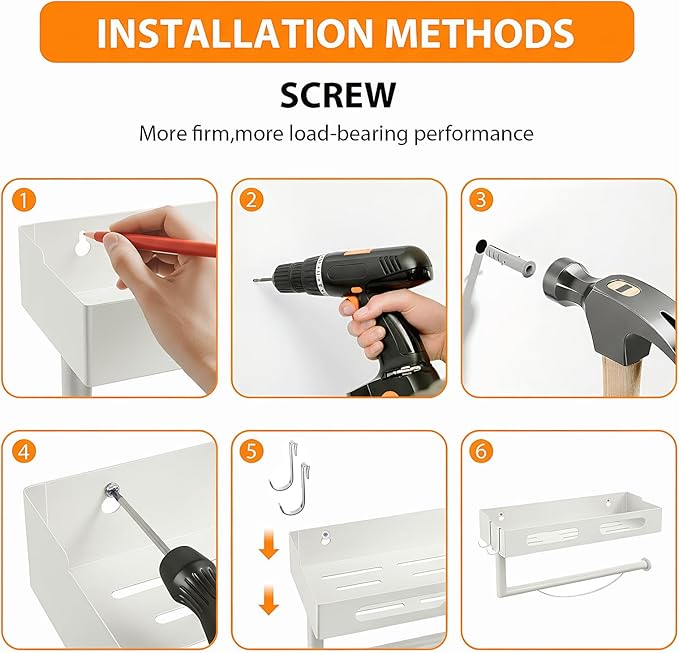 Paper Towel Holder Wall Mount for Kitchen, Paper Towel Holder with Shelf for Bathroom, RV Paper Towel Rack with 2 Hooks, White