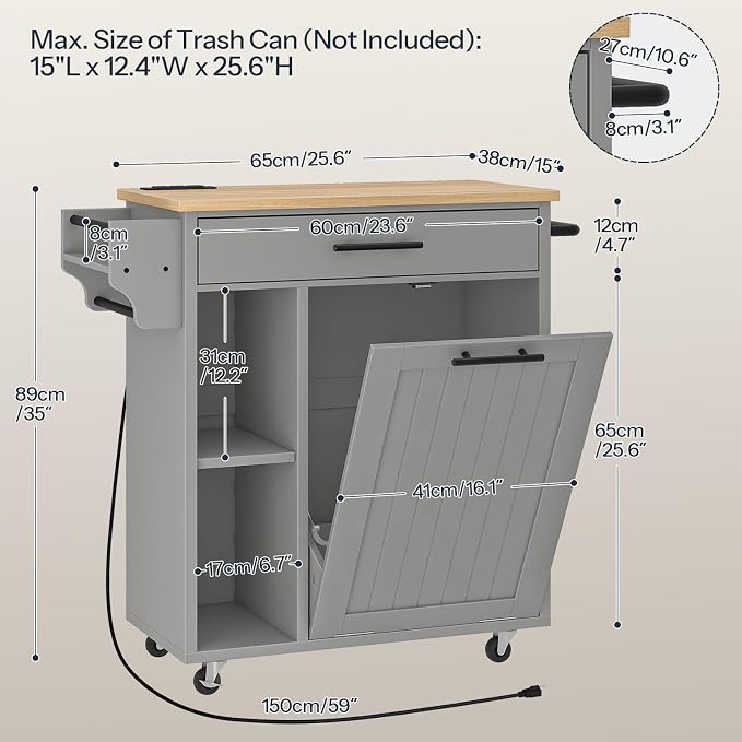HOOBRO Kitchen Island with Trash Can Storage, Rolling Kitchen Island on Wheels, Mobile Island Cart with Power Outlet, Islands Table for 10 Gallon Garbage Bin, White and Grey GN80UZD01G1