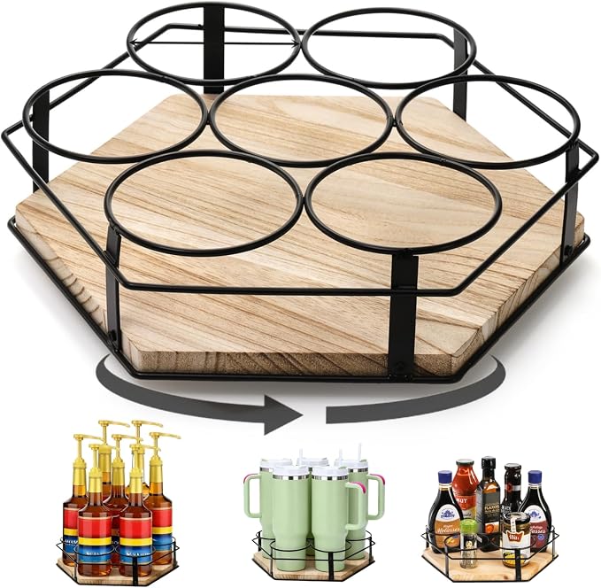 Cididu Rotating Coffee Syrup Organizer 7 Bottles, Coffee Syrup Rack Stand for Countertop, Tumbler Bottle Storage Holder, Turntable Wine Display Lazy Susan Tray for Coffee Bar Station, Kitchen, Pantry