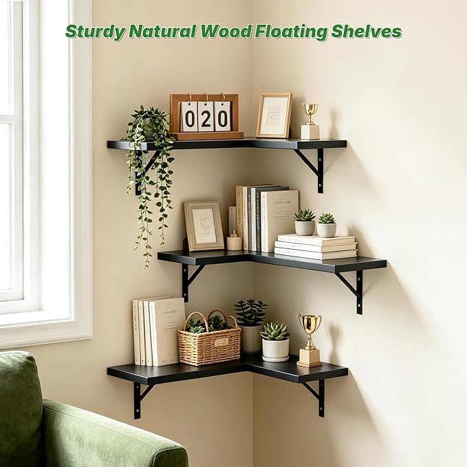 NATURE'S SOURCE Corner Floating Shelves, Corner Shelf Wall Mounted, Shelves for Room Wall, Home Decor Living Room Bedroom Office Kitchen Bathroom- Gothic Style (Black, Set of 3)