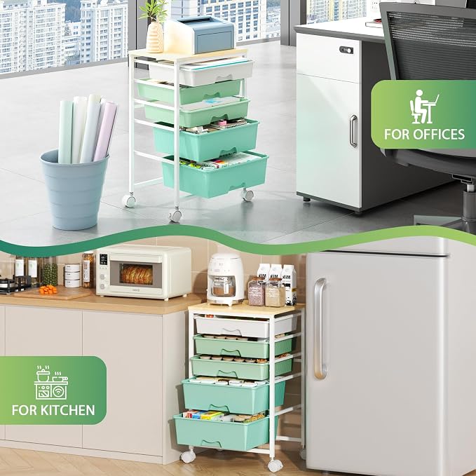 Goovilla Rolling Cart with Drawers, Utility Cart Organizer With 5 Removable Drawers and Wooden Tabletop, Lockable Rolling Storage Organizer for Art, Classroom, Home, Dorm, Office, Craft Storage, Green