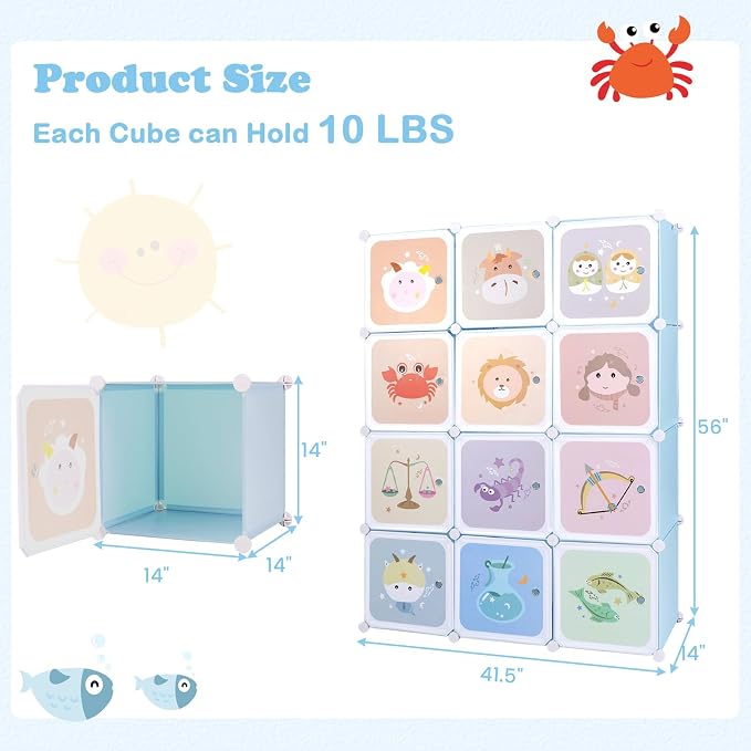 INFANS Children Wardrobe, Kid Closet Portable Baby Dresser Cute for Kids Bedroom Nursery Armoire with Doors 12 Cube 2 Hanging Sections, Kid Clothes Storage Organizer (Pink, 12 Cubes)