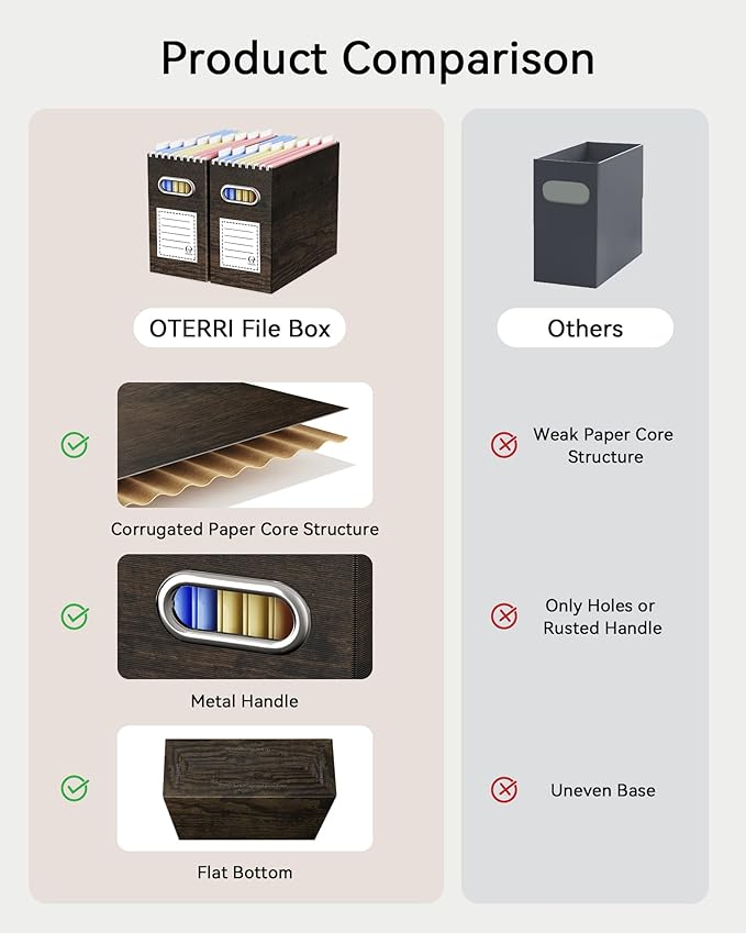 Oterri Cardboard File Organizer Box for Hanging File Folders Letter Size,File Box for Computer Desk,File Cabinet,Working Home,Office,Classroom (Brown Wood Grain Print, Letter Size - 2 Packs)