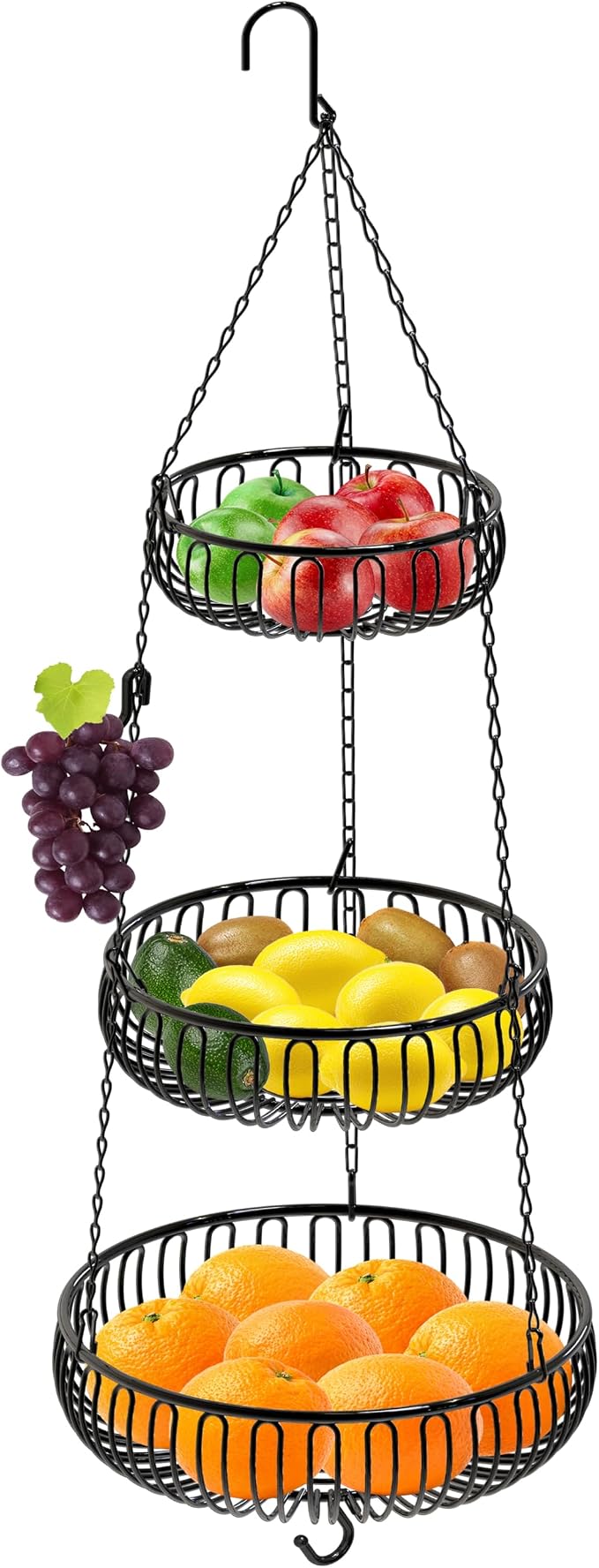 Simple Houseware Adjustable Metal Hanging Fruit Basket, Oblate, Black, 11" W x 11" L x 30" H | 11" W x 11" L x 30" H