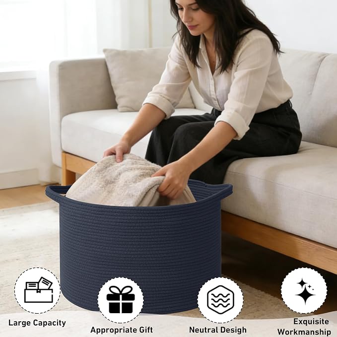 115L Extra Large Navy Blue Woven Cotton Rope Basket with Handles, Kids Nursery Laundry Hamper for Toys, Blankets, Pillows & Comforters, Storage Bin for Bedroom & Playroom