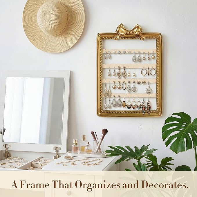 12 x 9.5 Inches Earring Organizer Wall Mounted Jewelry Holder Hanging Vintage Display Rack with 4 Tiers Elegant Earring Holder for Women Necklaces Bracelets Jewelry Storage Gift(Bow)