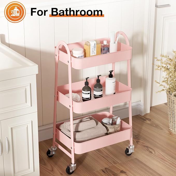 NEWBULIG 3-Tier Metal Rolling Cart with Lockable Wheels, Heavy Duty Mobile Utility Storage Shelf, Roller Book Snack Cart, Organization for Livingroom, Bathroom, Office, Pink