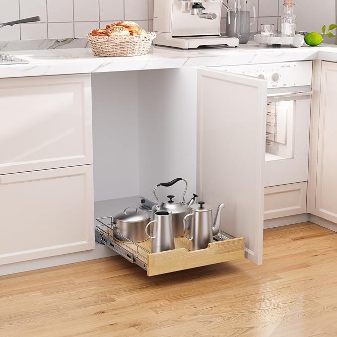 Sikarou Pull Out Cabinet Organizer,Heavy-Duty Slide Out Shelf, Wood And Wire Basket, Pull Out Drawer for for Kitchen Under Sink Space, Pantry, Bathroom (14 * 21 WM)