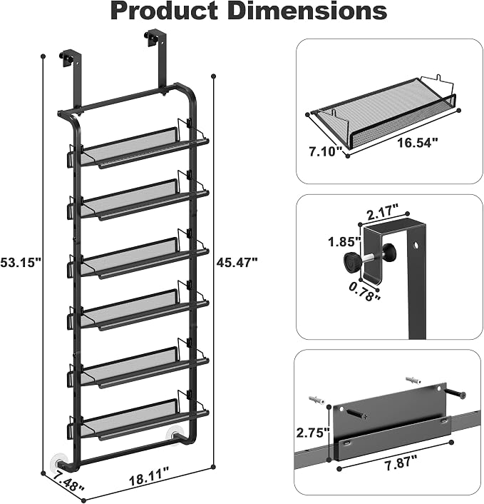 BUKFEN 6 Tier Adjustable Heavy Duty Metal Shoe Rack, Door Hanging and Wall Mount Organizer for Closet, Bedroom, Entryway, Laundry, Apartment, Small Spaces, Space Saving Solution for Busy Homes