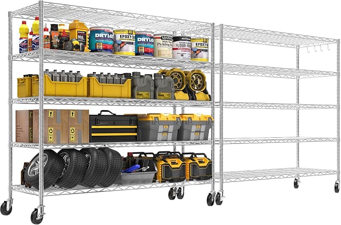 48" W Garage Shelving with Wheels Storage Shelves 5 Tier Wire Shelving Adjustable Metal Storage Shelves for Garage, Basement, Warehouse, Commercial, Industrial, 48" W x 81" H x 24" D 2Pack