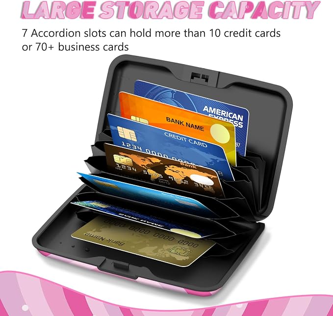 Credit Card Holder, Mini RFID Small Aluminum Card Wallet Business Card Case | Blocking Slim Metal RFID Blocking Front Pocket Wallet Hard Case Durable CC Holder for Women Girls, Pink Hearts