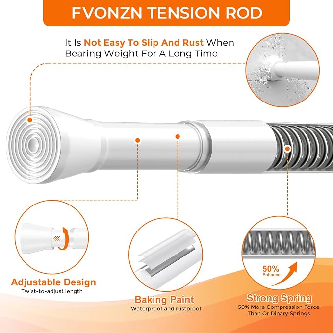 Tension Curtain Rod 28-48 Inch 7/8" Diameter, Adjustable No Drilling Rustproof White Spring Loaded Curtain Rods for Window, Doorway, Bathroom, Closet, Kitchen, Shower Stall