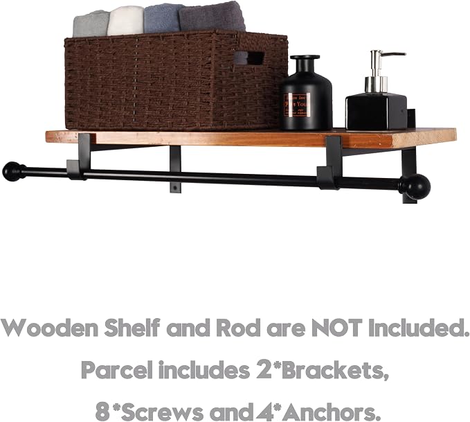 AddGrace Closet Rod Bracket Heavy Duty Shelf Brackets Black 4 Inch 2 Pack | Fit for Closet Wardrobe Laundry Room and Kitchen, with Hook, Store Above and Hang Below, Supports 66 lbs, Easy to Install