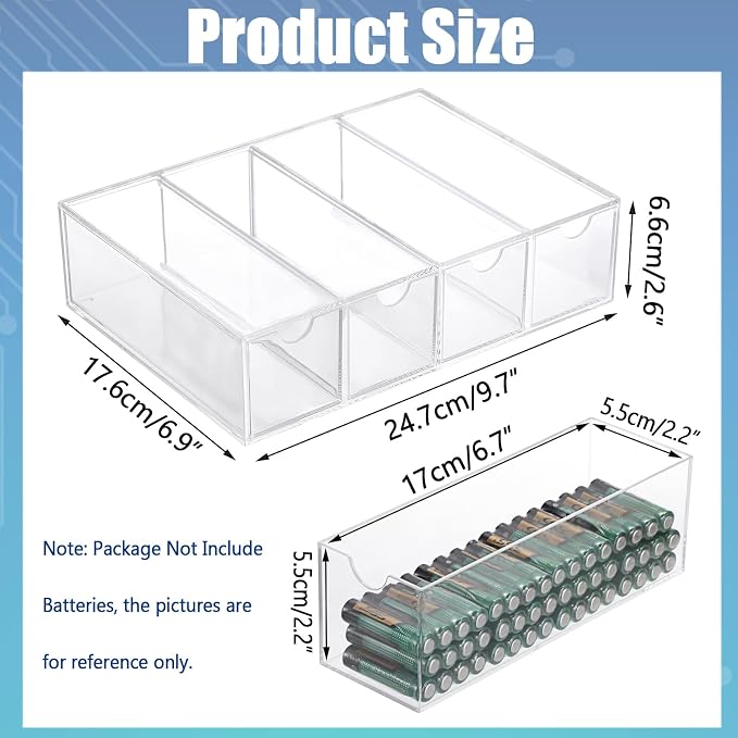 BTSKY Clear Acrylic Battery Storage Organizer for AA, AAA, 9V, C Batteries | 4-Drawer Storage Box Battery Holder Organizer for Common Types Batteries, Household Container, 3 Pack(Batteries Not Included)