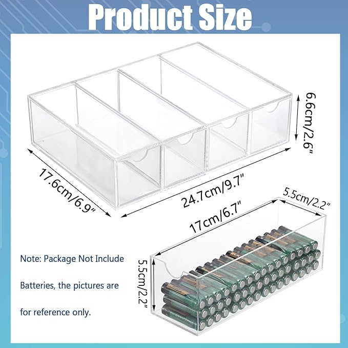 BTSKY Clear Acrylic Battery Storage Organizer for AA, AAA, 9V, C Batteries | 4-Drawer Storage Box Battery Holder Organizer for Common Types Batteries, Household Container, 1 Pack(Batteries Not Included)