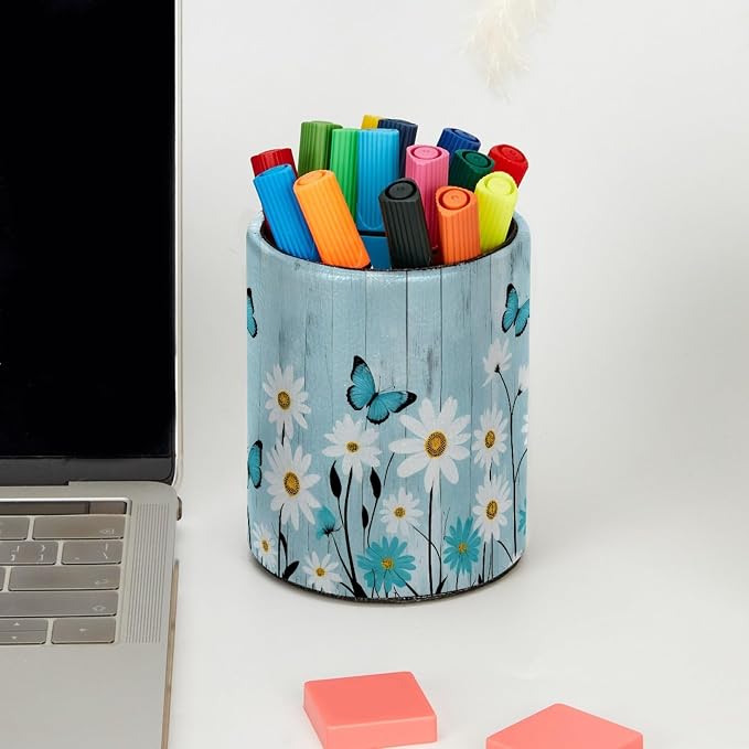Vintage Farmhouse Flowers Pen Holder Pencil Organizer for Desk, 3.1” x 3.1” x 3.9” Pencil Cup Office Supplies, Large Capacity Cute Pen and Makeup Brush Holder for School, Desktop
