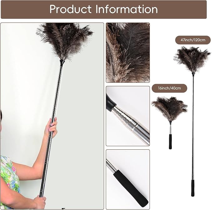 THARAHT Extendable Ostrich Feather Duster up to 16-47 inches Fluffy Feathers Long Handle Reusable for Cleaning Ceiling Fan Pendant lamp High Ceiling Blinds Furniture Feather Duster