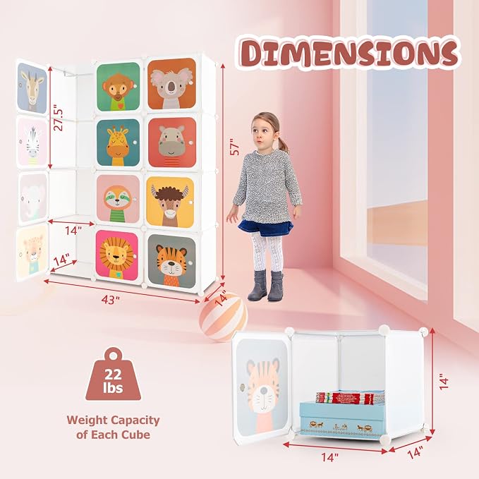Costzon Kids Closet, Cartoon DIY Modular Dresser Storage Organizer with 12 Cubes & 2 Clothes Hanging Rack, Portable Armoire for Baby Toddlers, Kids Wardrobe for Bedroom Nursery (White)