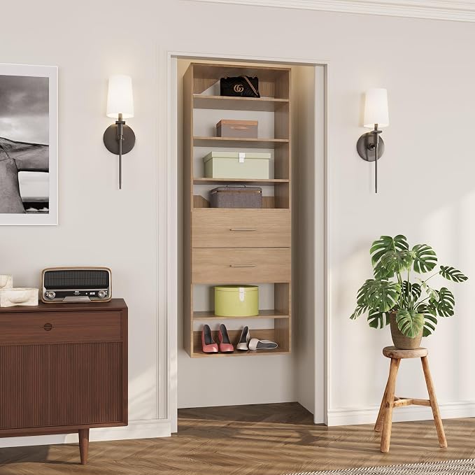 ROOMTEC Modular Closet System, 19.5" 2 Drawer Shelf Closet Tower Wall-Mounted Closet Organizer, Wooden Tower for Walk-In Closets, Wardrobe Storage Kit, Wood