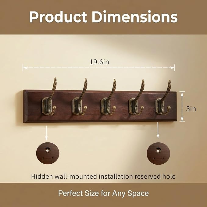 Wall Mounted Coat Rack with Solid Wood, 5 Bronze Metal Hooks – 19.6 Inch Rustic Brown Entryway Organizer for Hanging Coats, Hats, Jackets, Scarves, Bags, for Hallway, Bedroom, Bathroom（5Hooks）