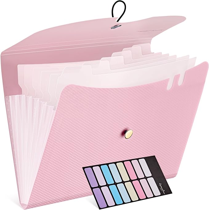 JARLINK 7 Pockets Expanding File Folder, A4 Accordion folders, Pink | Accordion File Folders with 12 Labels, Portable Document Organizer for Home, College, School, and Office Supplies