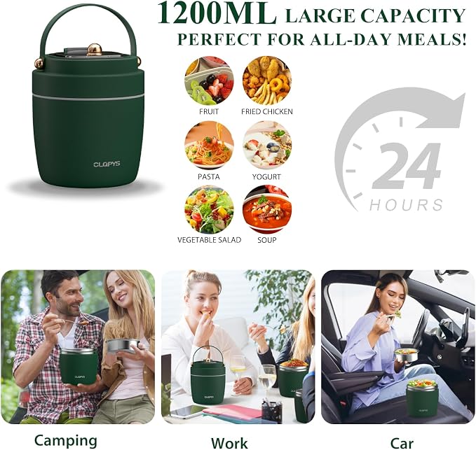 40oz Stainless Steel Vacuum Insulated Food Jar for Adults Wide Mouth Lunch Container with Spoon Fork and Carrying Bag Leak-Proof Soup Thermo Bento Box for Hot Food and Cold Food | Office, Travel Green