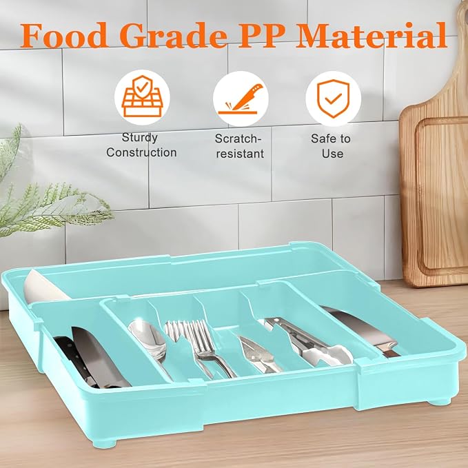 Spaclear Silverware Organizer - Expandable Silverware Drawer Organizer Adjustable Drawer Organizer, Silverware Tray for Drawer15.2"x 19" Cutlery Drawer Organizer, Kitchen Organizers Storage, Turquoise