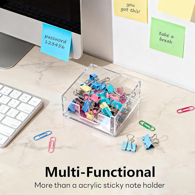 Acrylic Sticky Note Holder 4x4in Tray for Desk, Crystal Clear | Crystal Clear acrylic tray, fits 3x3 sticky notes, compact organizer for office school and home