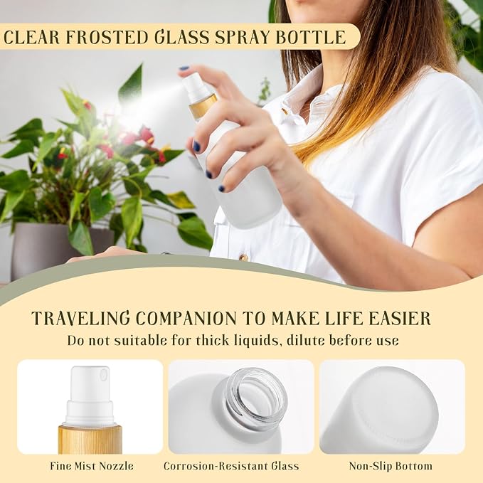 4-Pack 4 Oz Glass Spray Bottle with Bamboo Lid,Empty Refillable Fine Mist Atomizer,Leak-Proof Travel Liquid Holder Container for Cologne,Essential Oils,Room Sprays,Cleaning Solutions (Frosted)
