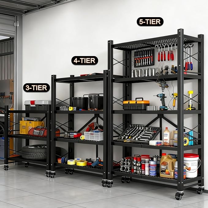 Folding Storage Shelves, Heavy Duty Garage Shelving Unit, Adjustable Metal Standing Storage Rack Shelf, No Assembly Wire Shelving Organizer with Wheels for Kitchen Pantry Warehouse (5-Tier, 2 Pack)