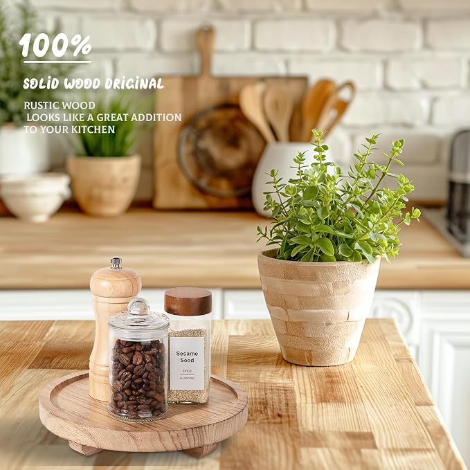 Round Decorative Tray Farmhouse Kitchen Decor Soap Dish, 8" Brown | Waterproof, Lightweight, Easy Clean, Wood Riser Pedestal Stand Accessories for Office Desk, Vanity, Counter, Sink