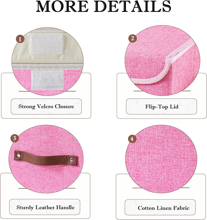 2PCS Collapsible Storage Boxes Baskets with Lid Cotton Linen Fabric Storage Bins with Faux Leather Handles Washable Cube Organizer Container for Home Closet Bedroom (Pink, Small Size)