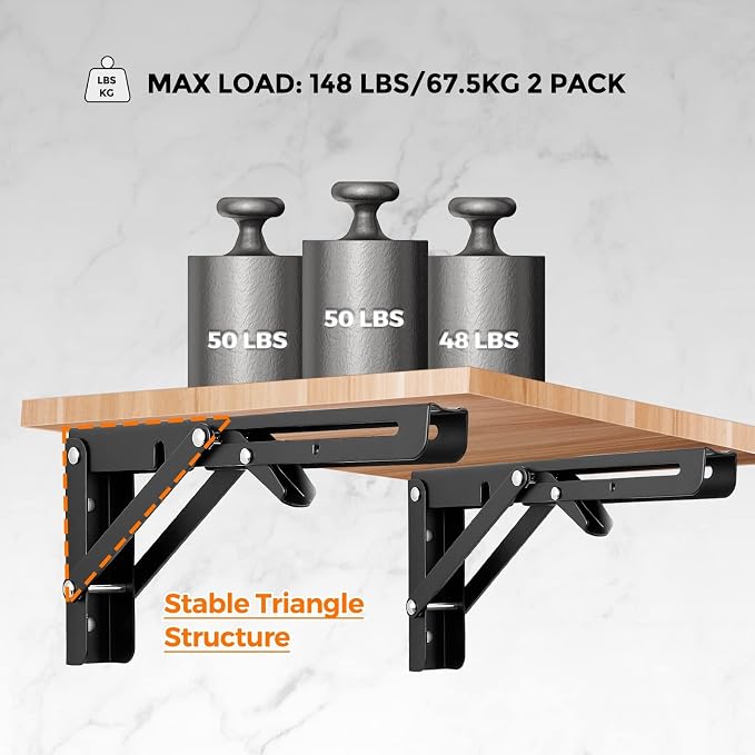 Ravinte Matte Black Folding Shelf Brackets, 10 Inch, 6 Pack | Collapsible Bracket Design, Table And Bench Support, Space-Saving Shelf Setup, For Worktops, Laundry Rooms, Garage Projects